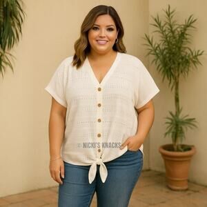 Como Blu Eyelet Knit Button Front Tie Hem Top Ivory Cream Lightweight Size 3X